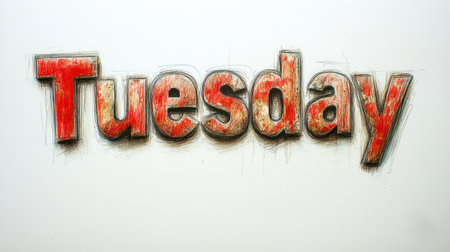 Brightly colored lettering spells out Tuesday against a textured backdrop, full of energy.の素材
