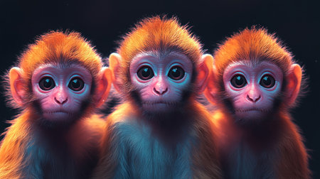 Three monkeys share joyful expressions while playing together.の素材