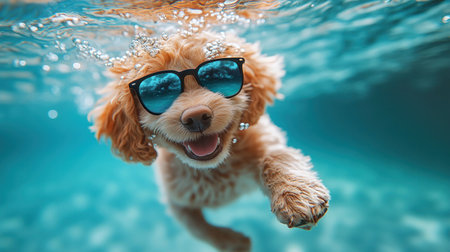 A cheerful puppy swims joyfully underwater with trendy sunglasses on.の素材