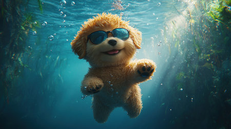 A playful puppy explores the underwater world, surrounded by bubbles and light.の素材