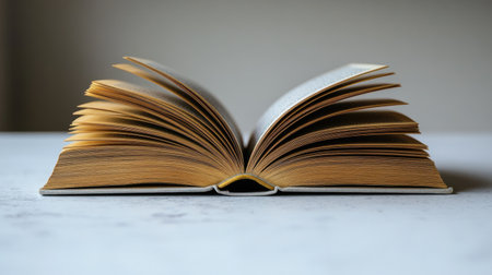 An intriguing book lies open, showing its yellowed pages and inviting stories within.の素材