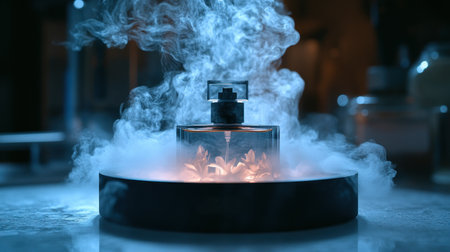 A fragrance bottle sits amidst swirling smoke, exuding an aura of intrigue and allure.の素材