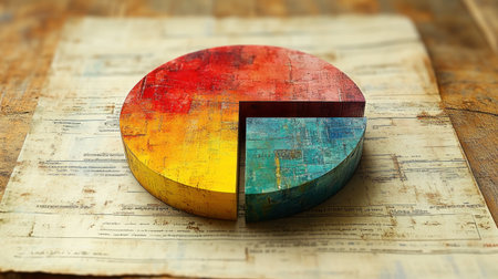 A vibrant pie chart displays statistical insights against a rustic background.の素材