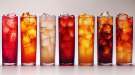 A vibrant display of chilled beverages in tall glasses, filled with ice and lively colors.の素材