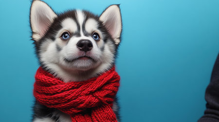 A charming husky puppy dressed in a vibrant scarf looks curiously at the camera.の素材
