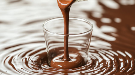 Thick chocolate flows into a glass, sending ripples through glossy liquid chocolate.の素材