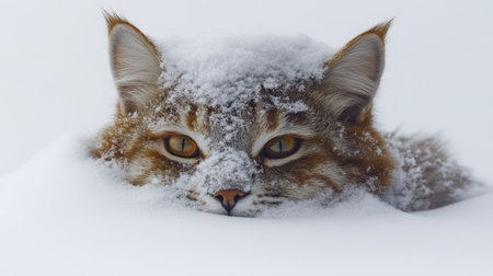 A wildcat hides beneath the snow, its piercing eyes captivating the winter surroundings.の素材