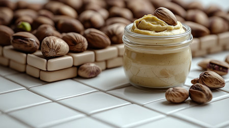 Pistachio spread elegantly displayed in a jar, surrounded by raw nuts on tiles.の素材
