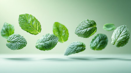 Fresh mint leaves hover gracefully, creating a tranquil and refreshing atmosphere.の素材