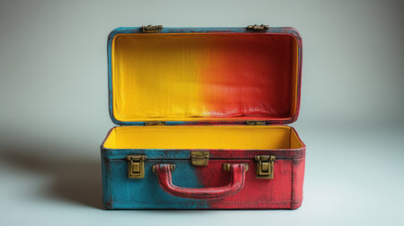 A vibrant red vintage suitcase with a sunny yellow interior invites adventure.の素材