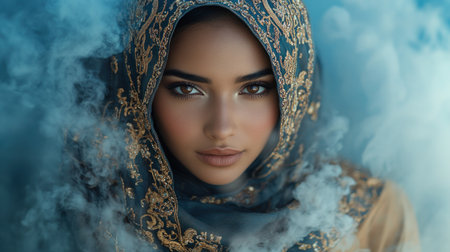 A serene woman enveloped in ethereal smoke, showing intricate headscarf designs.の素材