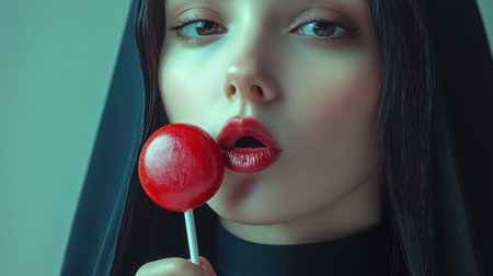 The woman playfully poses with a red lollipop, enhancing her serene expression.の素材