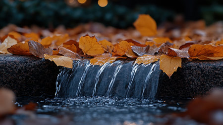 Golden leaves cascade onto a serene stream, reflecting the beauty of autumn.の素材