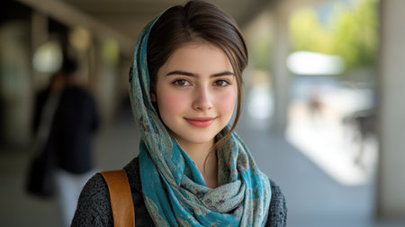 A cheerful young woman stands confidently outdoors, wrapped in a stylish scarf.の素材