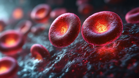 Red blood cells glow gracefully in a vibrant, dynamic background.の素材