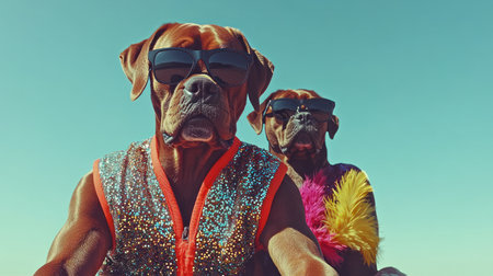 Stylish dogs don sunglasses and sparkly outfits, enjoying a sunny beach day.の素材