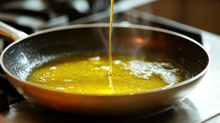 Golden oil glimmers as it cascades into a heated frying pan, ready for cooking.の素材