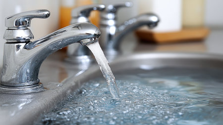 Crystalline water cascades from polished chrome faucets into a stainless steel basin.の素材
