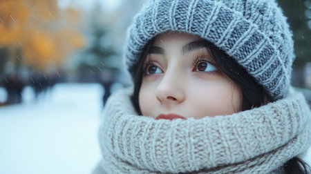 A girl in warm clothing admires the delicate snowflakes falling around her.の素材