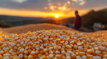 Corn sits in golden heaps while the sun sets, casting a warm glow over the field.の素材