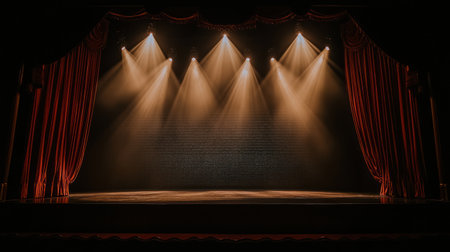A vibrant theater stage awaits performers, illuminated by soft golden lights.の素材