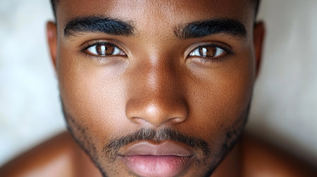 A young man with deep brown eyes and smooth skin creates a powerful connection.の素材