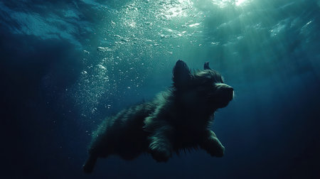 A joyful dog swims underwater, exploring the depths and chasing bubbles in sunlight.の素材