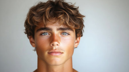 A young man gazes directly, showcasing his mesmerizing blue eyes and casual style.の素材