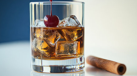 A rich drink with ice, topped with a cherry and a hint of cinnamon, perfect for savoring.の素材