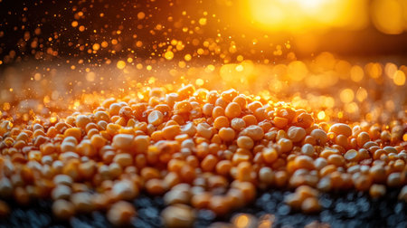 Sunlight glimmers on freshly harvested golden corn, creating a warm vibe.の素材