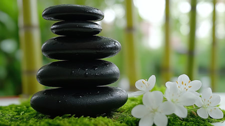 Smooth black stones are artistically arranged with white flowers in a tranquil space.の素材