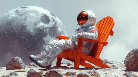 A lone astronaut enjoys a tranquil moment seated in bright orange furniture on the moon.の素材