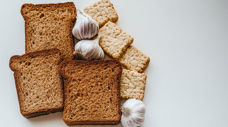 Deliciously arranged brown bread, crackers, and garlic create a rustic culinary display.の素材