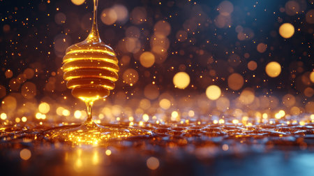 Golden honey flows down, sparkling in a warm glow, creating an enchanting view.の素材