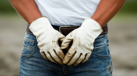 A determined farmer prepares to work the land, showcasing dedication and hard work.の素材