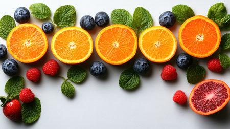 A vibrant mix of oranges, blueberries, raspberries, and mint offers a refreshing view.の素材