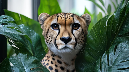 The cheetah gazes intently through vibrant green leaves, capturing attention.の素材