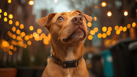 A curious dog looks up, surrounded by warm, glowing lights in the city.の素材
