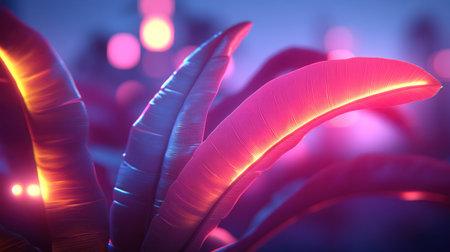 Lush leaves glow with vivid colors, casting an otherworldly light in an abstract setting.の素材