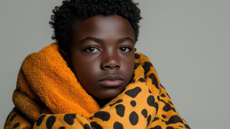 A boy wrapped in a vibrant blanket gazes thoughtfully while indoors.の素材