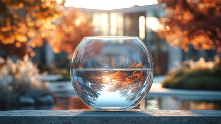 Autumn leaves and sunlight create a mesmerizing reflection in the water bowl.の素材