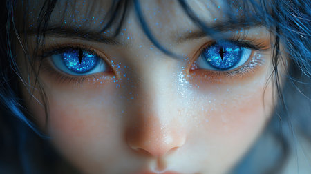 A captivating character with sparkling blue eyes gazes thoughtfully into the distance.の素材