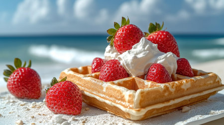 A tempting waffle adorned with strawberries and cream captures the beach's warmth.の素材