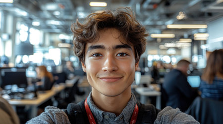 A spirited young individual poses for a joyous selfie amidst busy coworkers.の素材