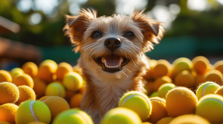 A happy dog relaxes with colorful tennis balls, enjoying summer vibes.の素材