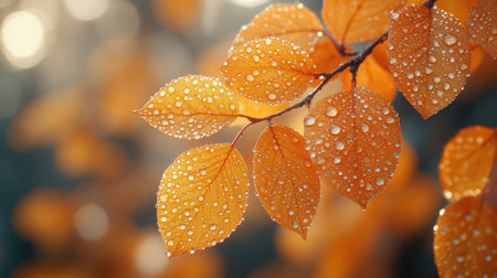 Autumn leaves glisten with fresh droplets, capturing the essence of nature's beauty.の素材