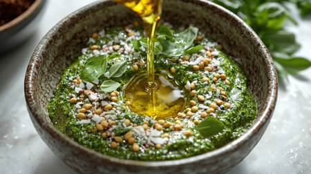 A vibrant bowl of pesto topped with olive oil, fresh basil, and savory pine nuts.の素材
