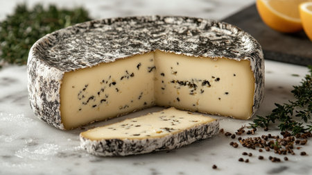 A beautifully crafted cheese with herbs invites culinary exploration and enjoyment.の素材