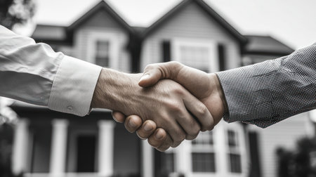 A powerful handshake symbolizes partnership as two men negotiate outside a lovely house.の素材