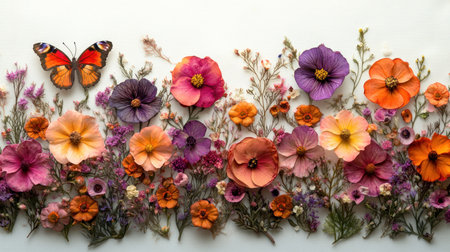 Delicate dried flowers and a butterfly create a vibrant, artistic composition.の素材